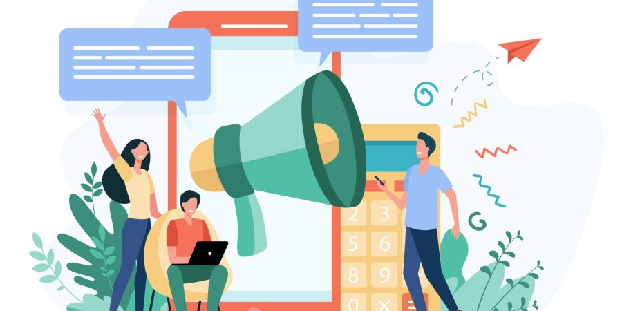 Bloggers advertising referrals. Young people with gadgets and loudspeakers announcing news, attracting target audience. Vector illustration for marketing, promotion, communication concept