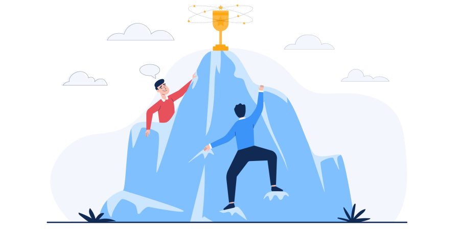 Businessmen climb to compete for trophies. Business competition for market winners. Winning strategy in business concept. Vector illutration flat style